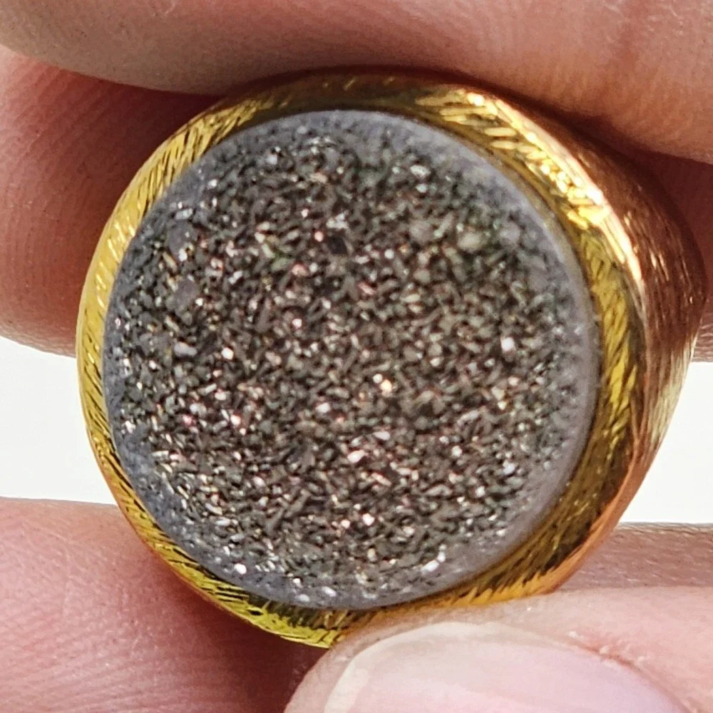 Gold Tone Gray Sparkle Druzy Statement Ring Texture Band Cocktail Jewelry Sz 6.5